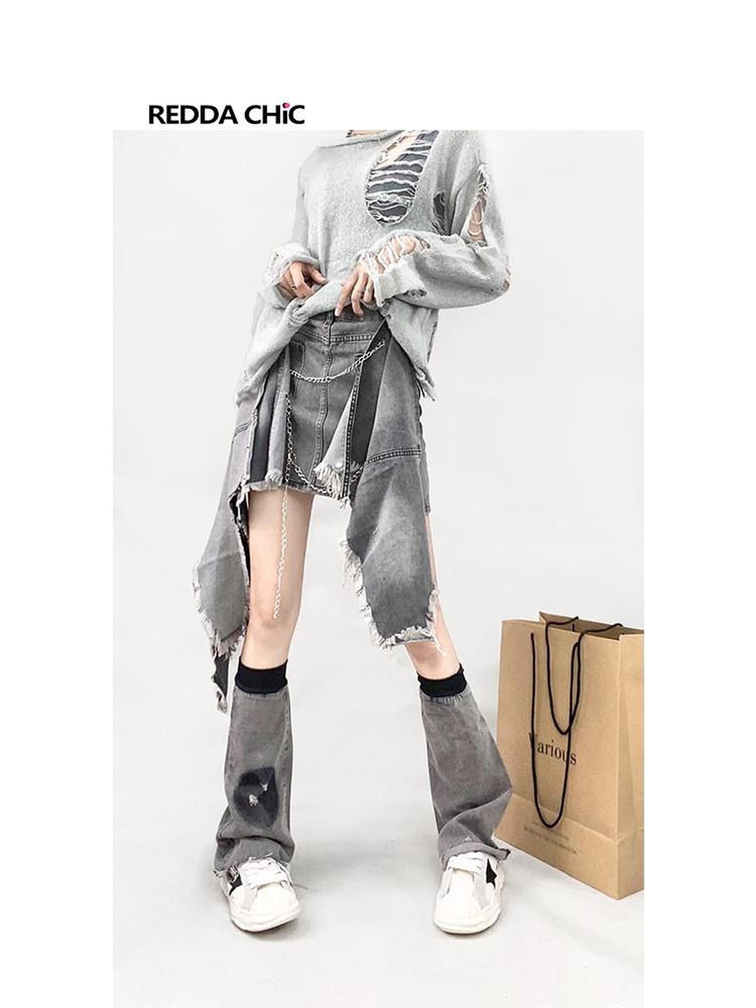 REDDACHIC Gray Washed Smiley Tie Slouchy Mid Calf Women'S Denim Leg Warmers