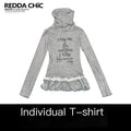 REDDACHIC_Gray_Y2K_Polka_Dot_Patchwork_High_Neck_Slim_Fit_Women'S_Long_Sleeve_T-Shirts_MISSTT