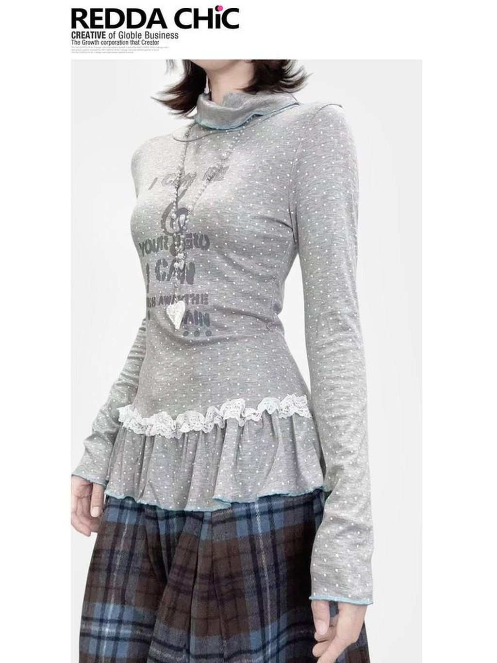 REDDACHIC Gray Y2K Polka Dot Patchwork High Neck Slim Fit Women'S Long Sleeve T-Shirts