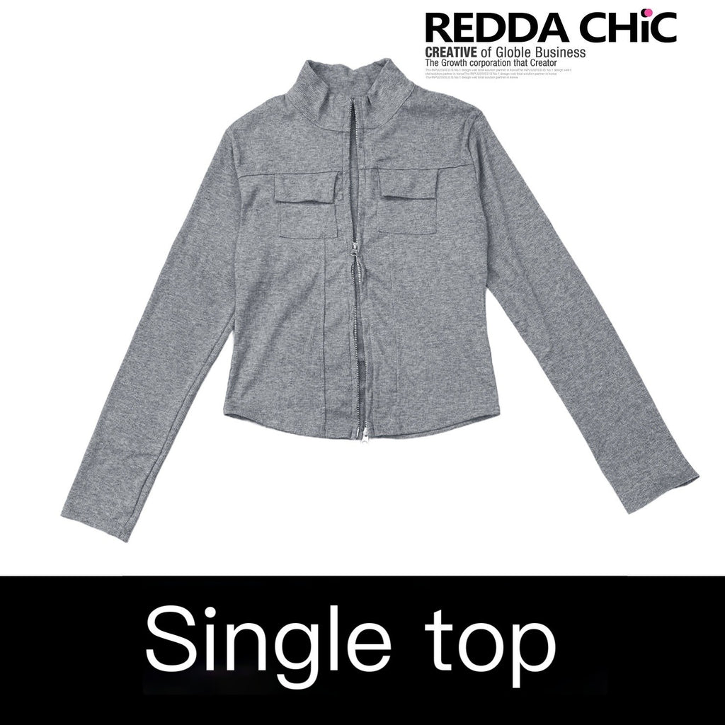 REDDACHIC_Gray_Zip_Front_Slit_Waist_Cinch_Polo_Collar_Long_Sleeve_Women'S_Knit_Cardigans_MISSTT