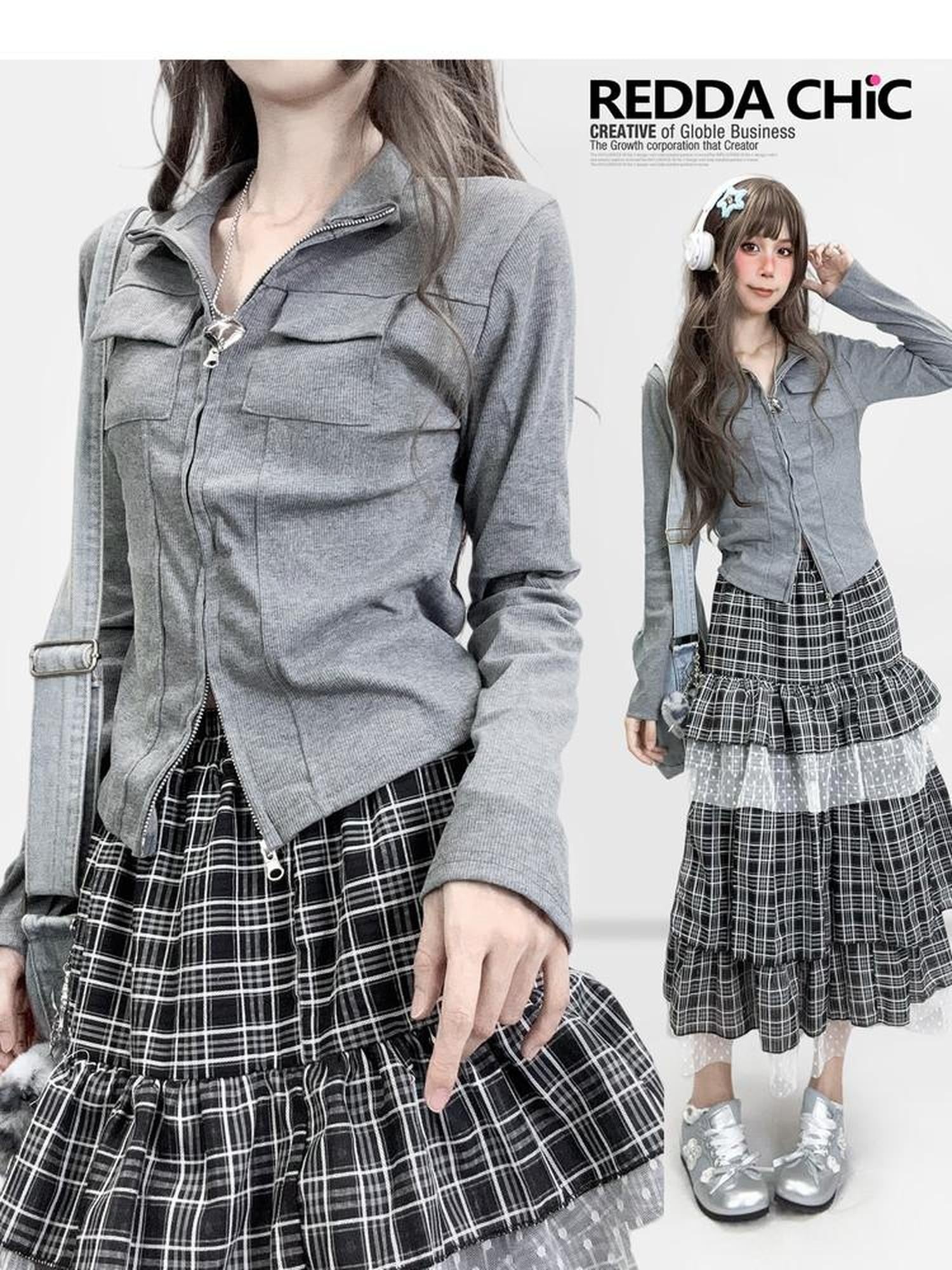 REDDACHIC Gray Zip Front Slit Waist Cinch Polo Collar Long Sleeve Women'S Knit Cardigans