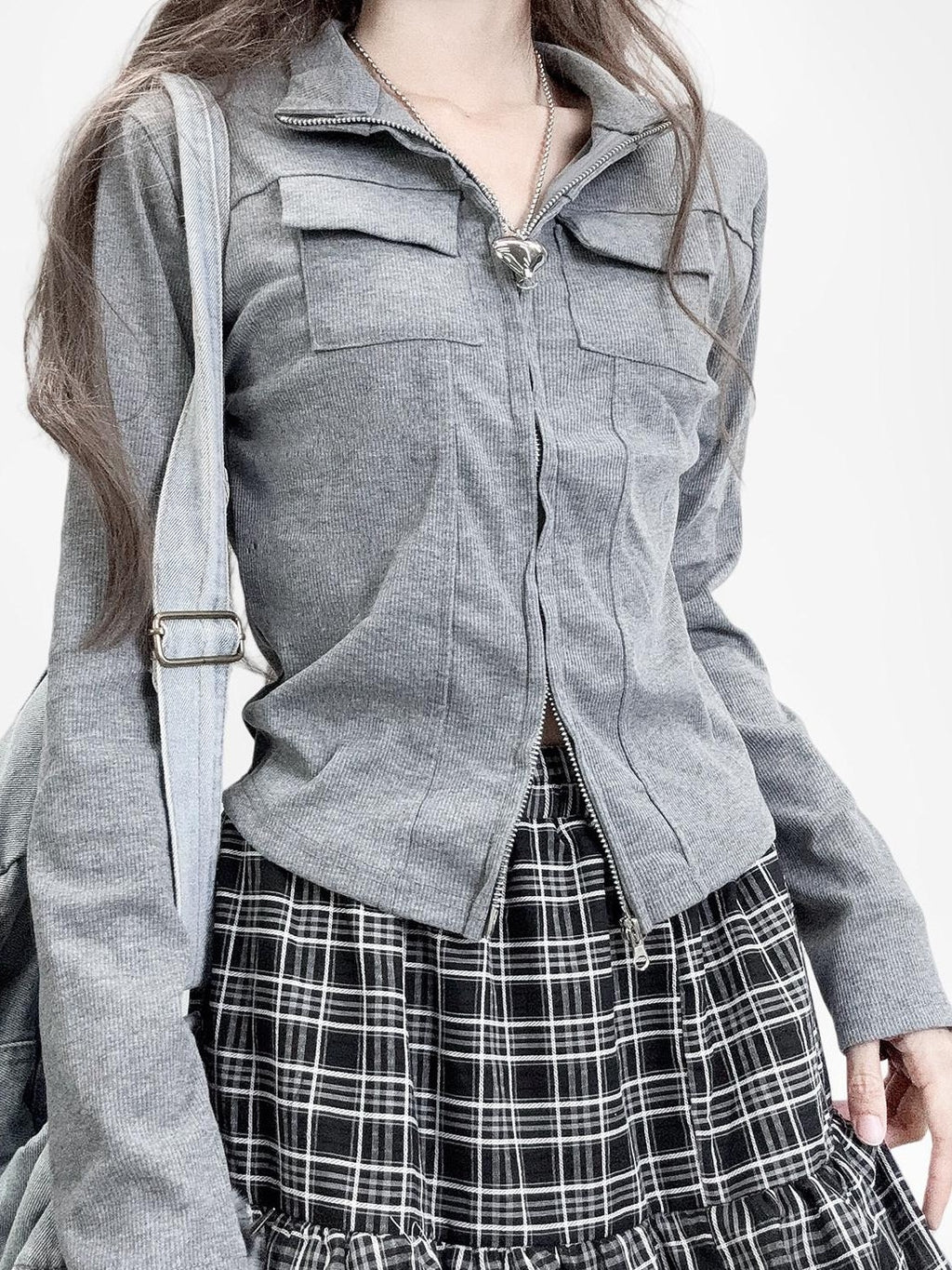 REDDACHIC Gray Zip Front Slit Waist Cinch Polo Collar Long Sleeve Women'S Knit Cardigans