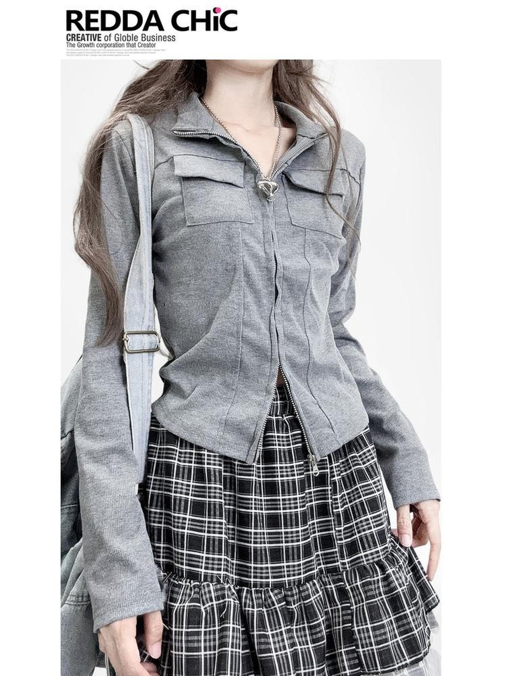 REDDACHIC Gray Zip Front Slit Waist Cinch Polo Collar Long Sleeve Women'S Knit Cardigans