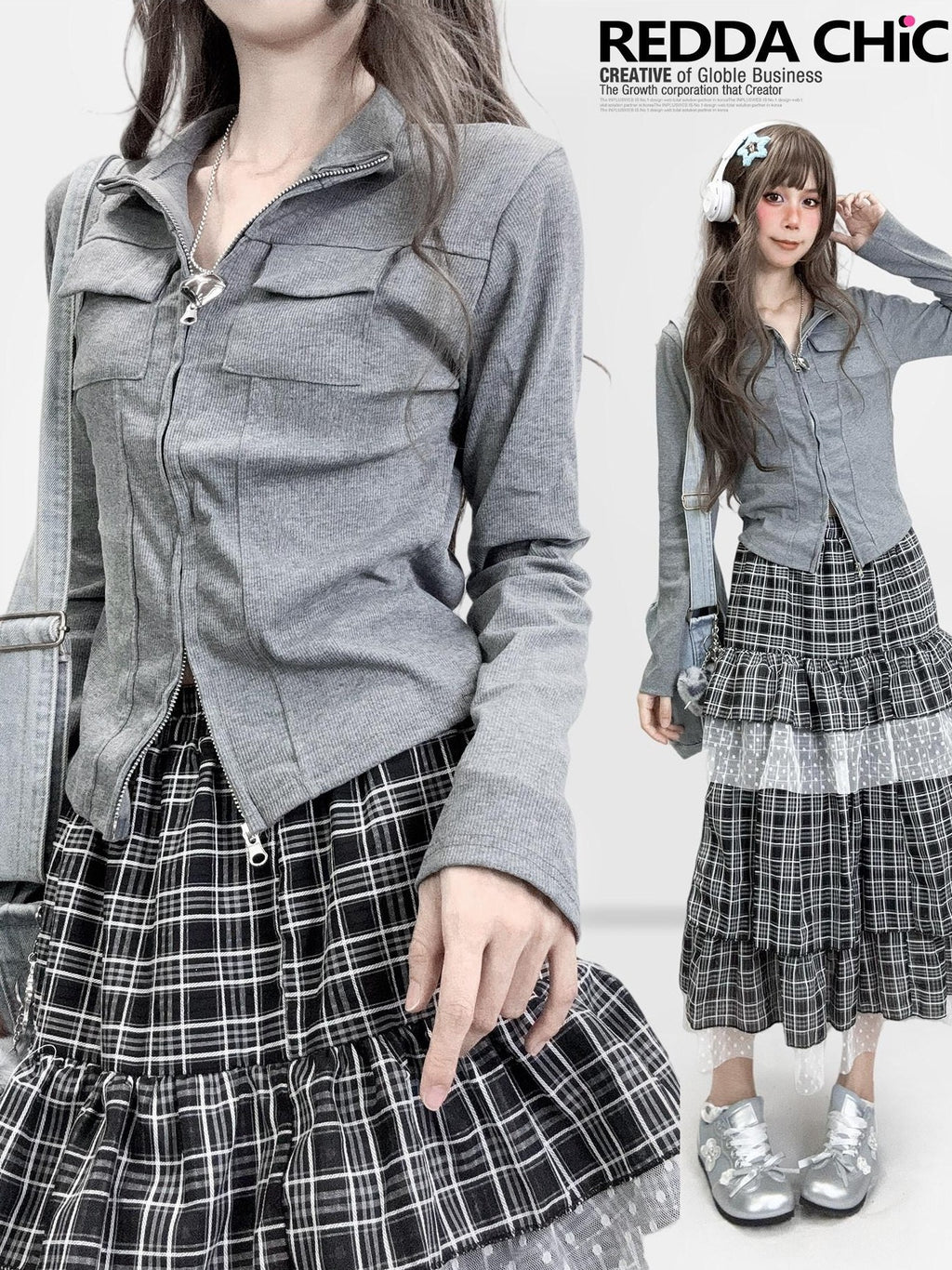 REDDACHIC Gray Zip Front Slit Waist Cinch Polo Collar Long Sleeve Women'S Knit Cardigans