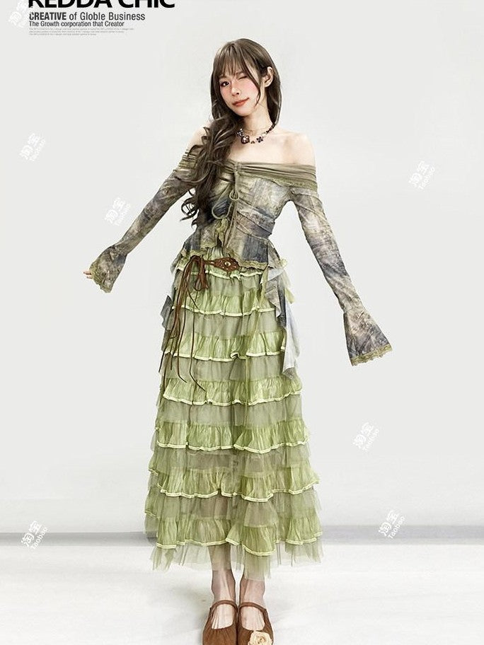 REDDACHIC Green Layered Cake Ruffle A Line High Waist Women'S Tulle Maxi Skirts