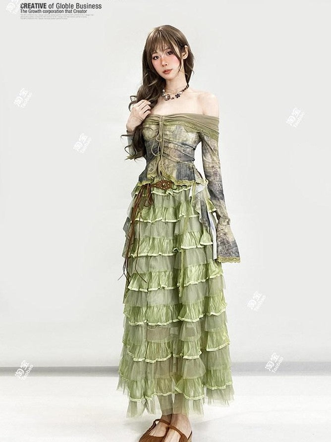 REDDACHIC Green Layered Cake Ruffle A Line High Waist Women'S Tulle Maxi Skirts