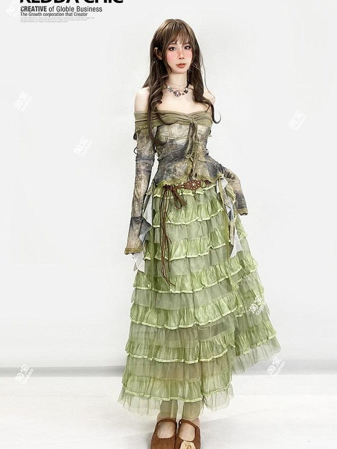 REDDACHIC Green Layered Cake Ruffle A Line High Waist Women'S Tulle Maxi Skirts