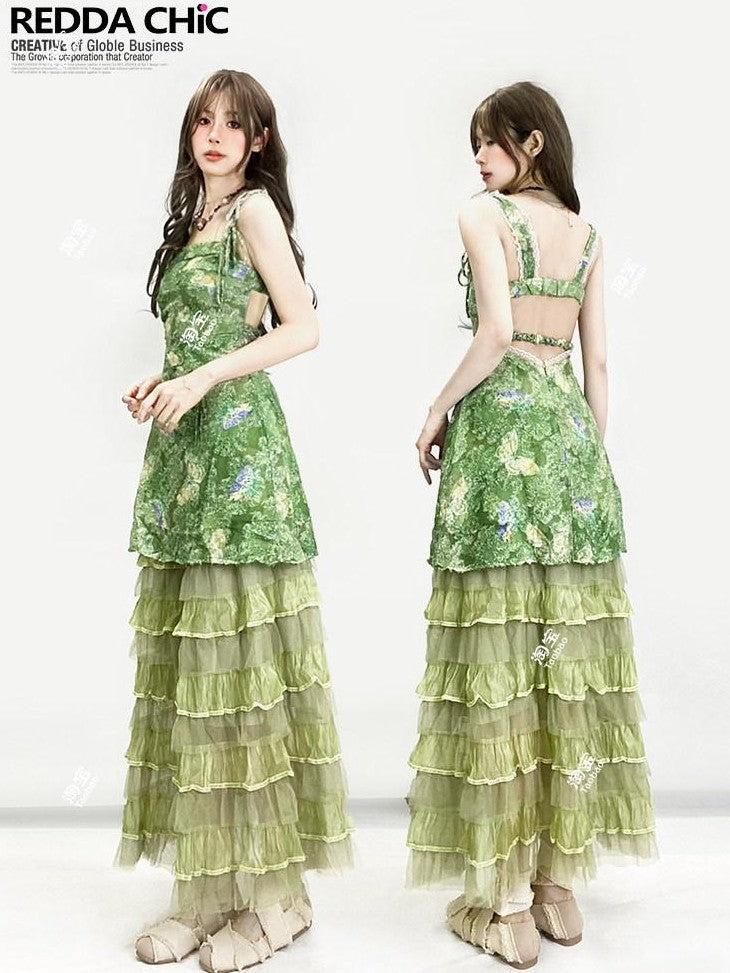 REDDACHIC Green Layered Cake Ruffle A Line High Waist Women'S Tulle Maxi Skirts