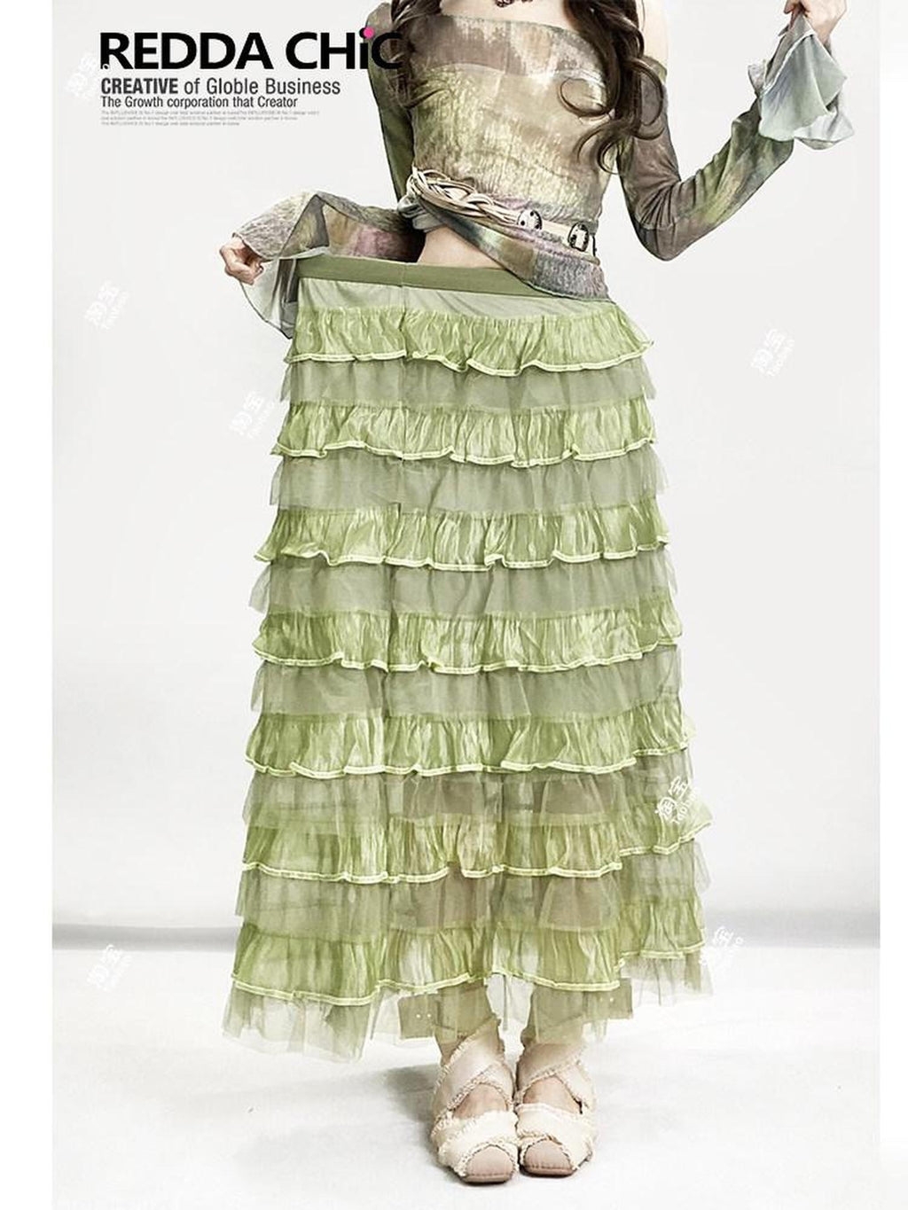 REDDACHIC Green Layered Cake Ruffle A Line High Waist Women'S Tulle Maxi Skirts