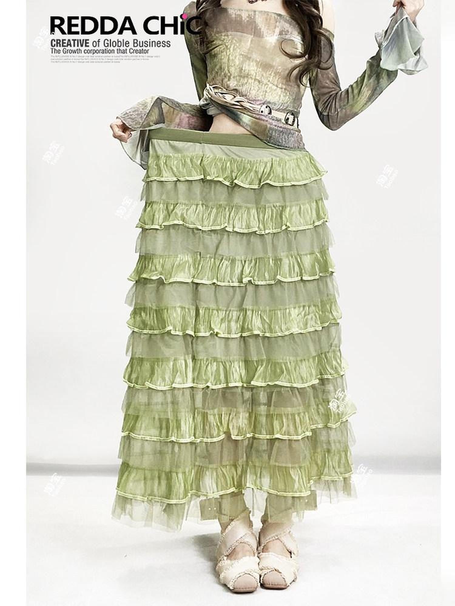 REDDACHIC Green Layered Cake Ruffle A Line High Waist Women'S Tulle Maxi Skirts