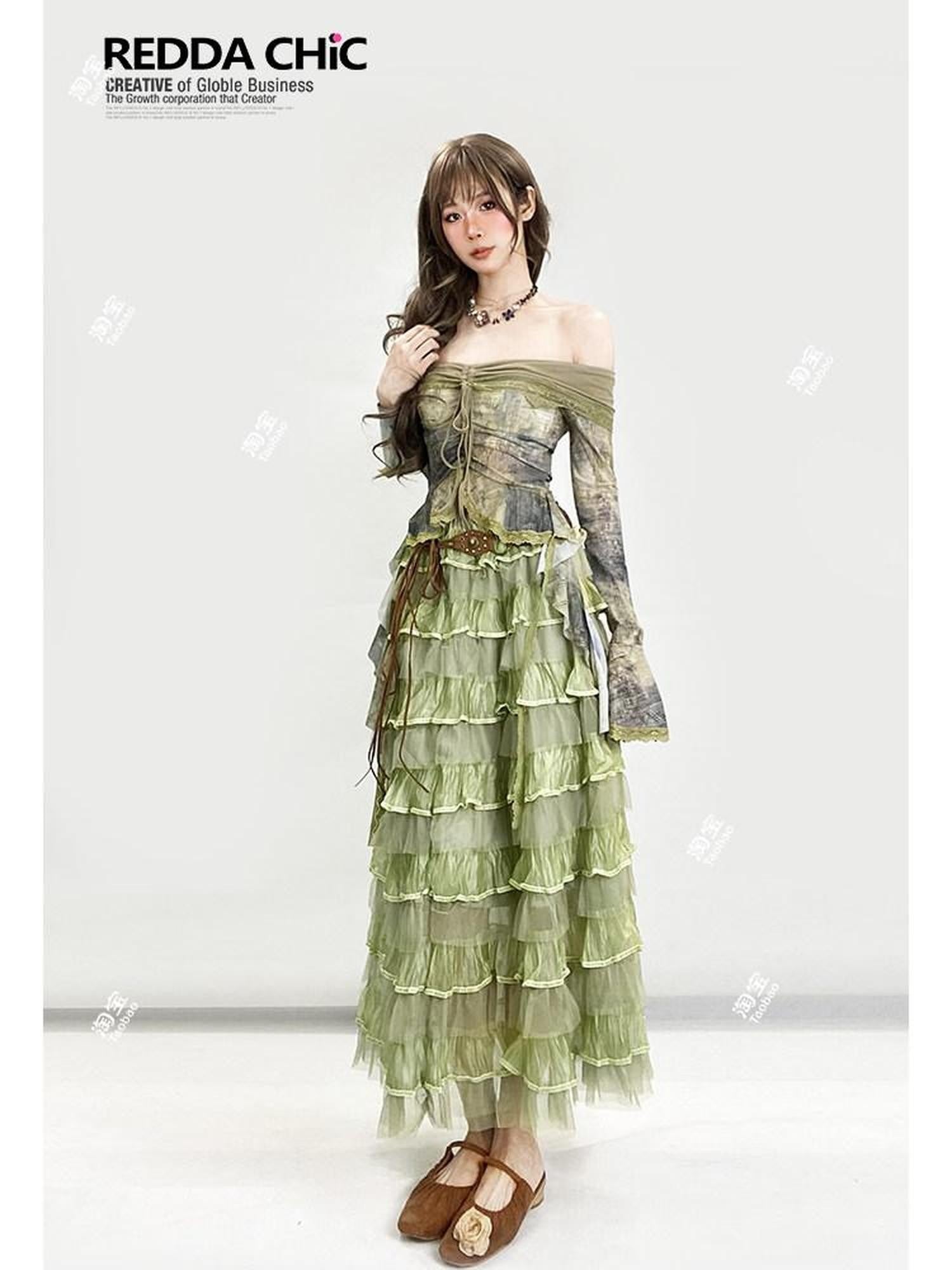 REDDACHIC Green Layered Cake Ruffle A Line High Waist Women'S Tulle Maxi Skirts