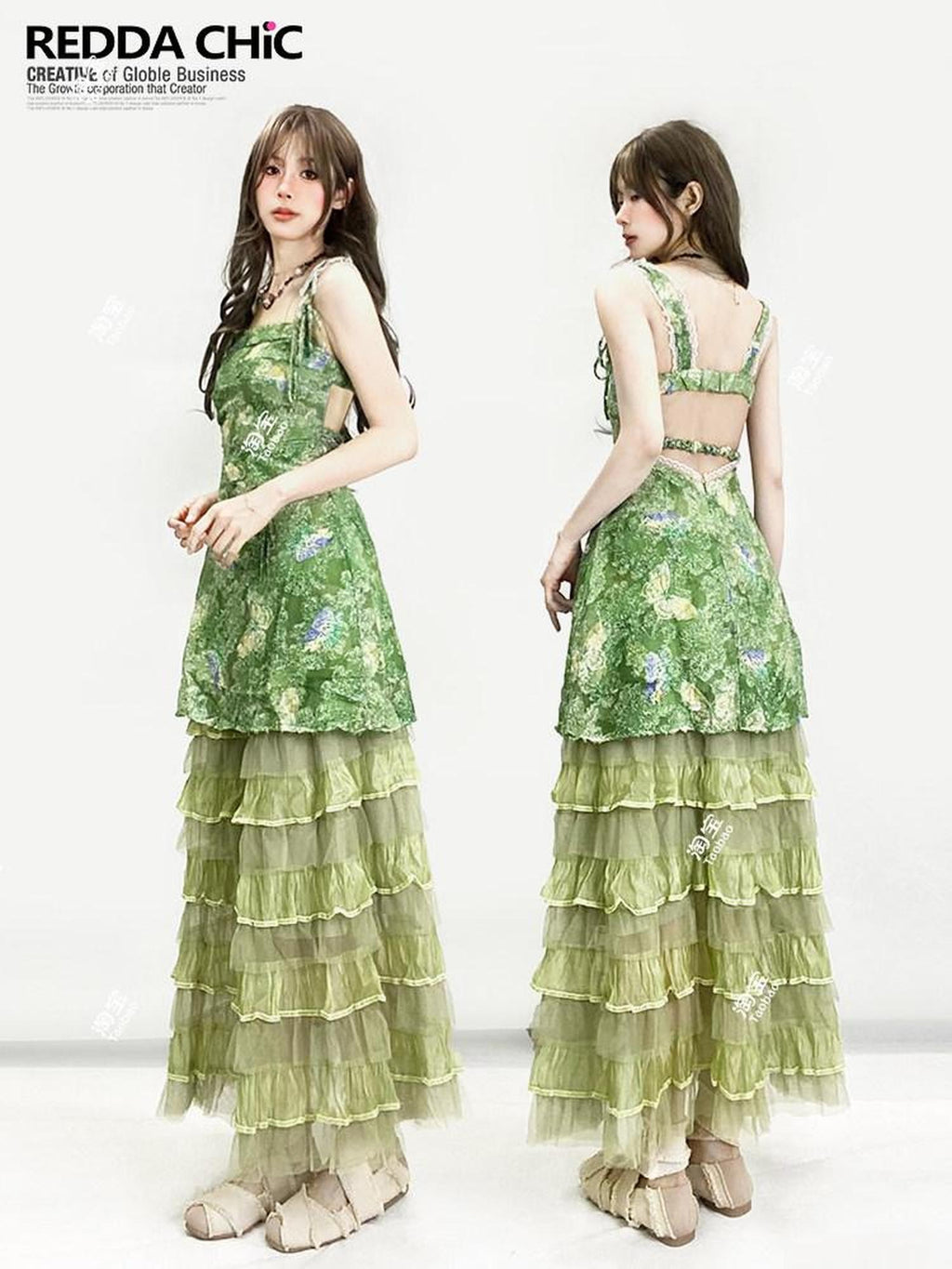 REDDACHIC Green Layered Cake Ruffle A Line High Waist Women'S Tulle Maxi Skirts