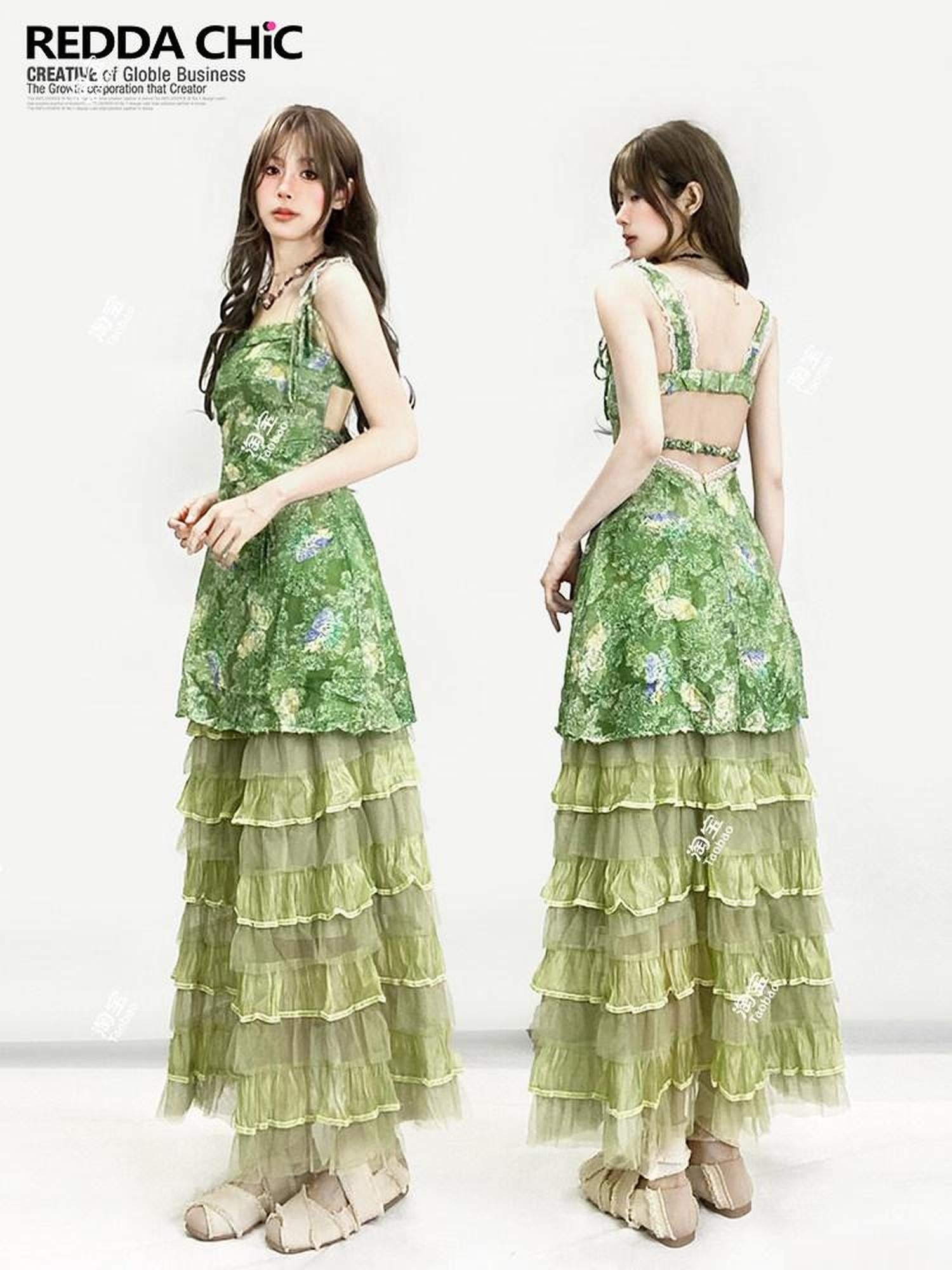 REDDACHIC Green Layered Cake Ruffle A Line High Waist Women'S Tulle Maxi Skirts