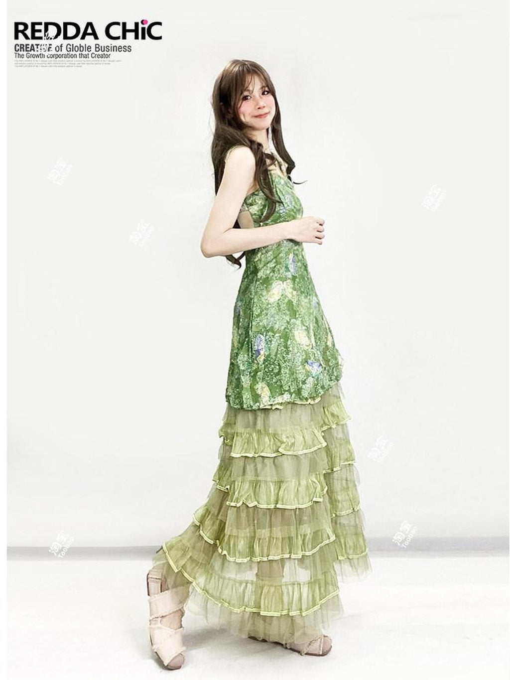 REDDACHIC Green Layered Cake Ruffle A Line High Waist Women'S Tulle Maxi Skirts