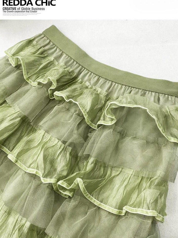 REDDACHIC Green Layered Cake Ruffle A Line High Waist Women'S Tulle Maxi Skirts