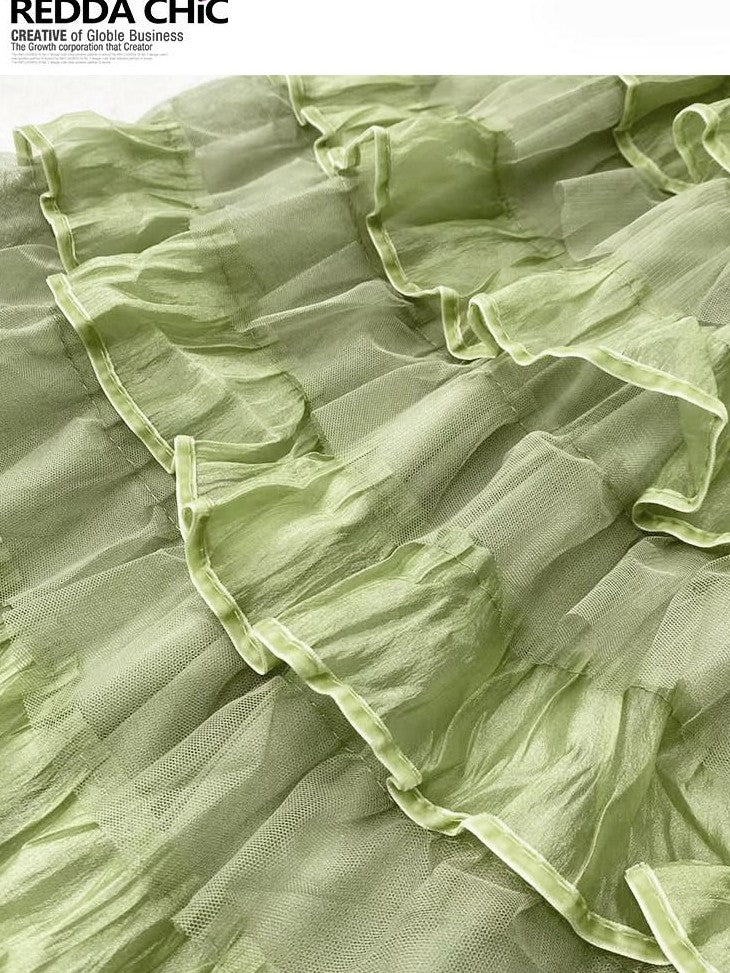 REDDACHIC Green Layered Cake Ruffle A Line High Waist Women'S Tulle Maxi Skirts