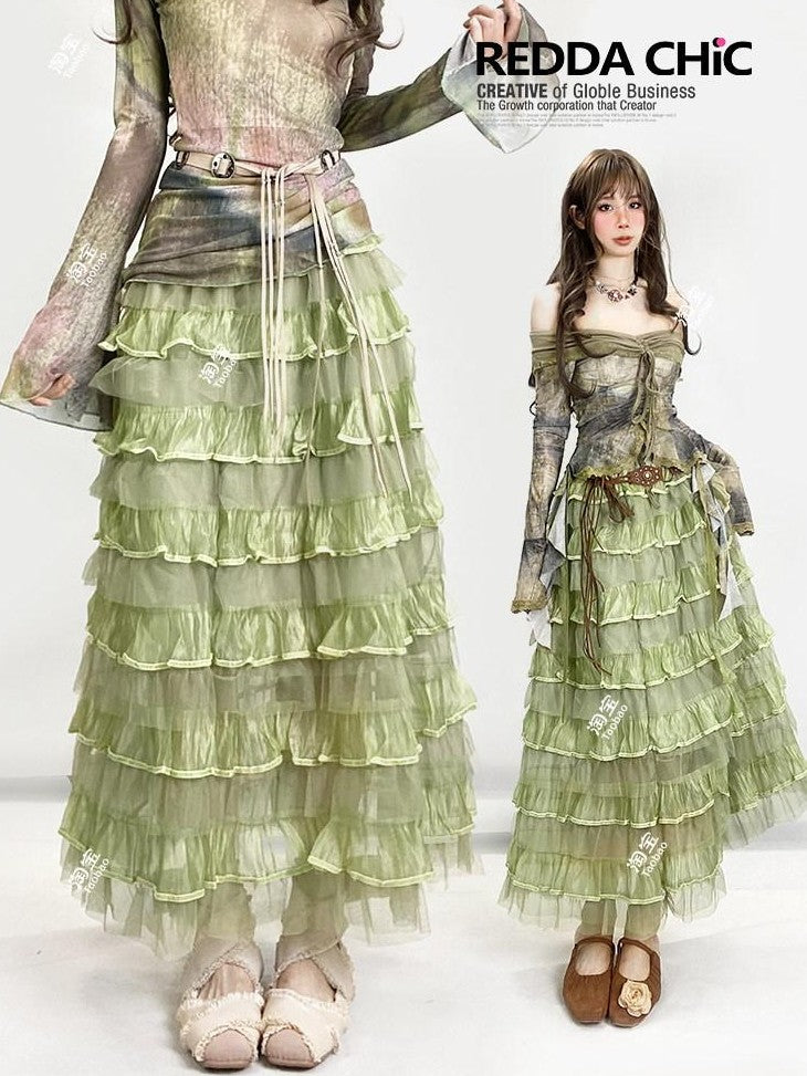REDDACHIC Green Layered Cake Ruffle A Line High Waist Women'S Tulle Maxi Skirts