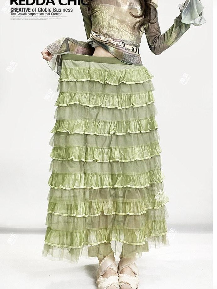REDDACHIC Green Layered Cake Ruffle A Line High Waist Women'S Tulle Maxi Skirts