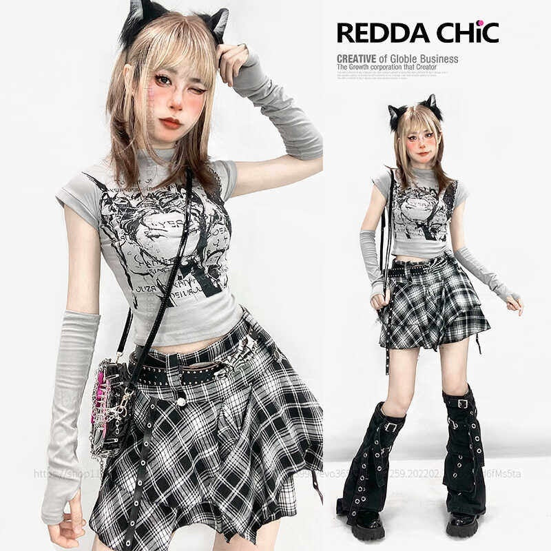 REDDACHIC_Grey_Anime_Cartoon_Plaid_Print_Slim_Cropped_Women'S_Short_Sleeve_T-Shirts_MISSTT