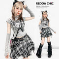 REDDACHIC_Grey_Anime_Cartoon_Plaid_Print_Slim_Cropped_Women'S_Short_Sleeve_T-Shirts_MISSTT