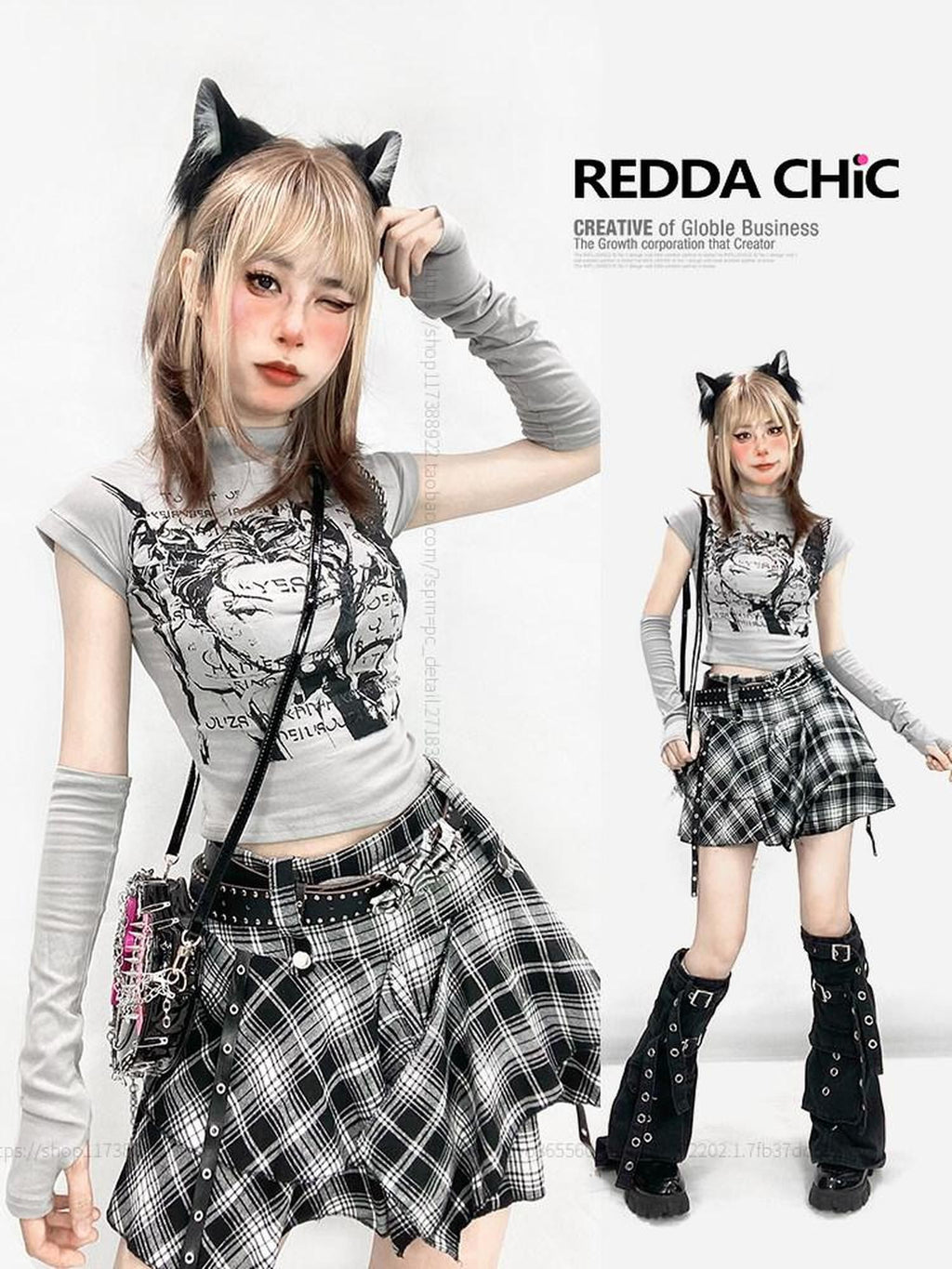 REDDACHIC Grey Anime Cartoon Plaid Print Slim Cropped Women'S Short Sleeve T-Shirts