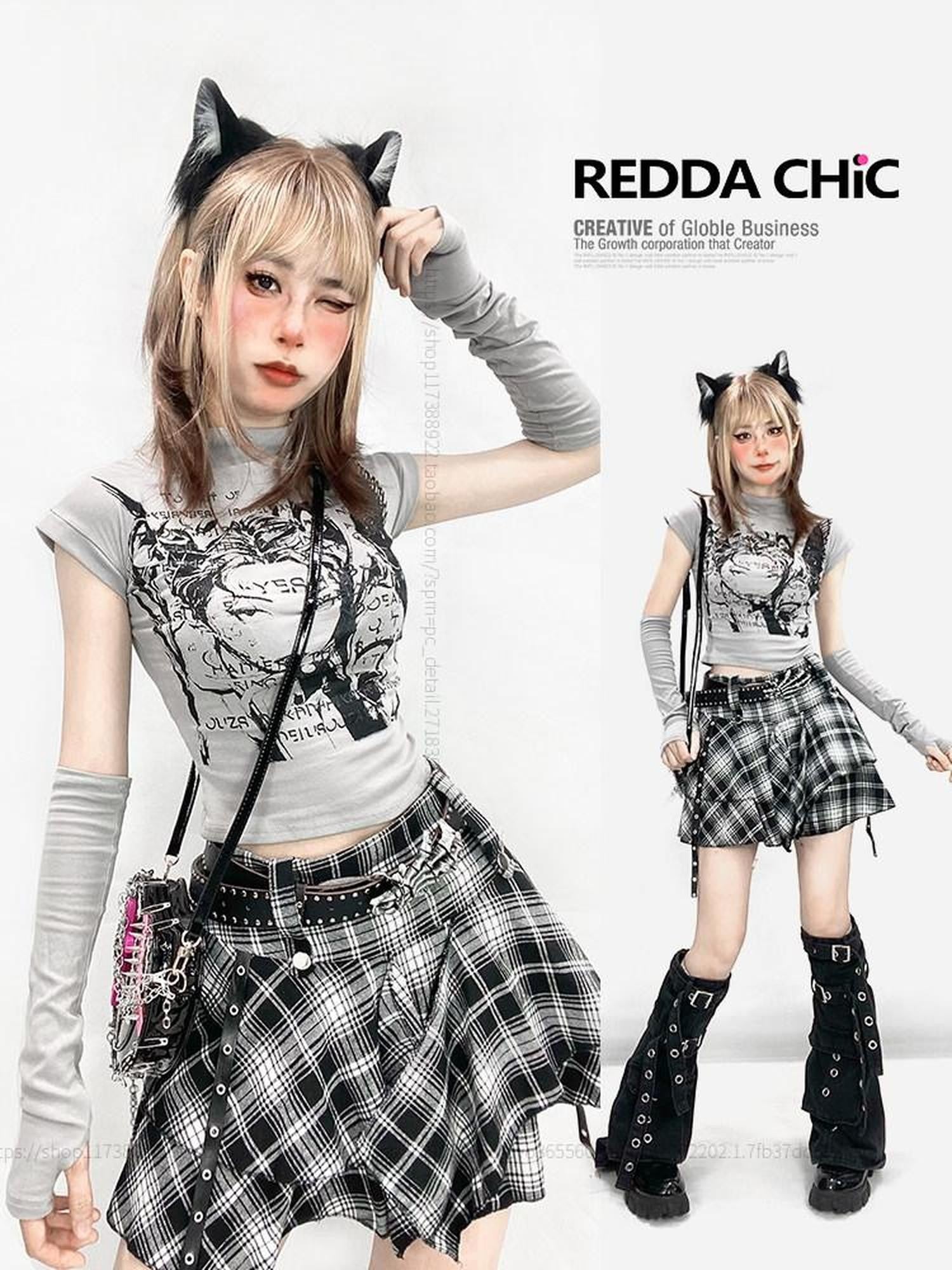 REDDACHIC Grey Anime Cartoon Plaid Print Slim Cropped Women'S Short Sleeve T-Shirts