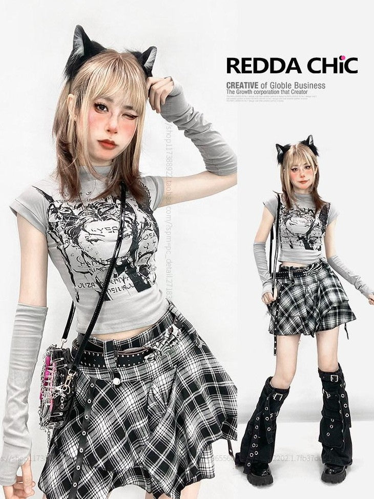 REDDACHIC Grey Anime Cartoon Plaid Print Slim Cropped Women'S Short Sleeve T-Shirts