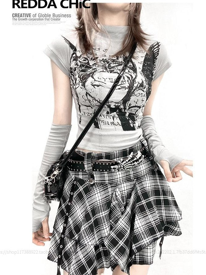 REDDACHIC Grey Anime Cartoon Plaid Print Slim Cropped Women'S Short Sleeve T-Shirts