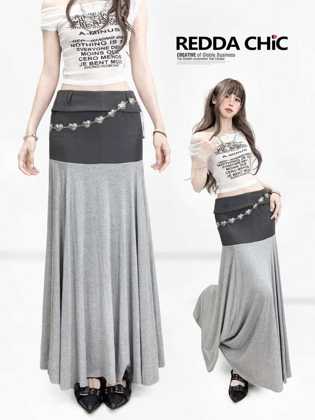 REDDACHIC Grey Patchwork A Line Low Waist Loose Drape Women'S Other Material Maxi Skirts