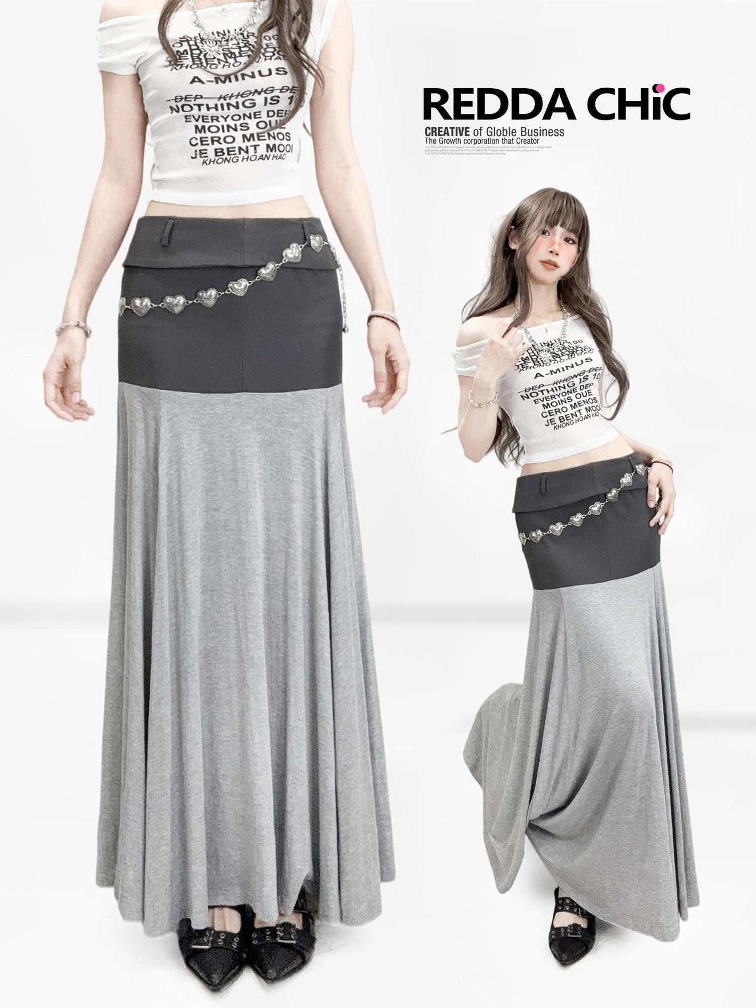 REDDACHIC Grey Patchwork A Line Low Waist Loose Drape Women'S Other Material Maxi Skirts
