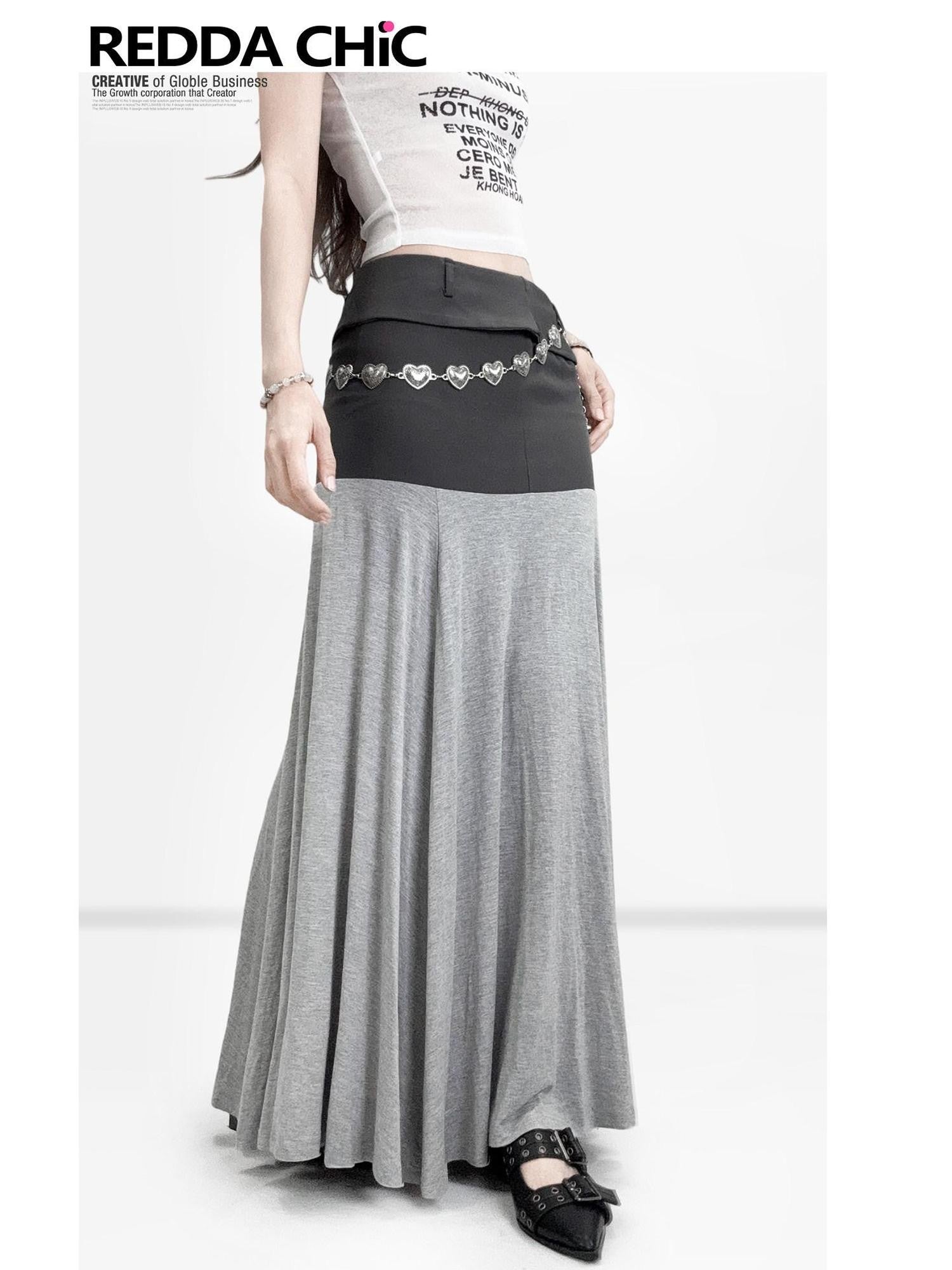 REDDACHIC Grey Patchwork A Line Low Waist Loose Drape Women'S Other Material Maxi Skirts