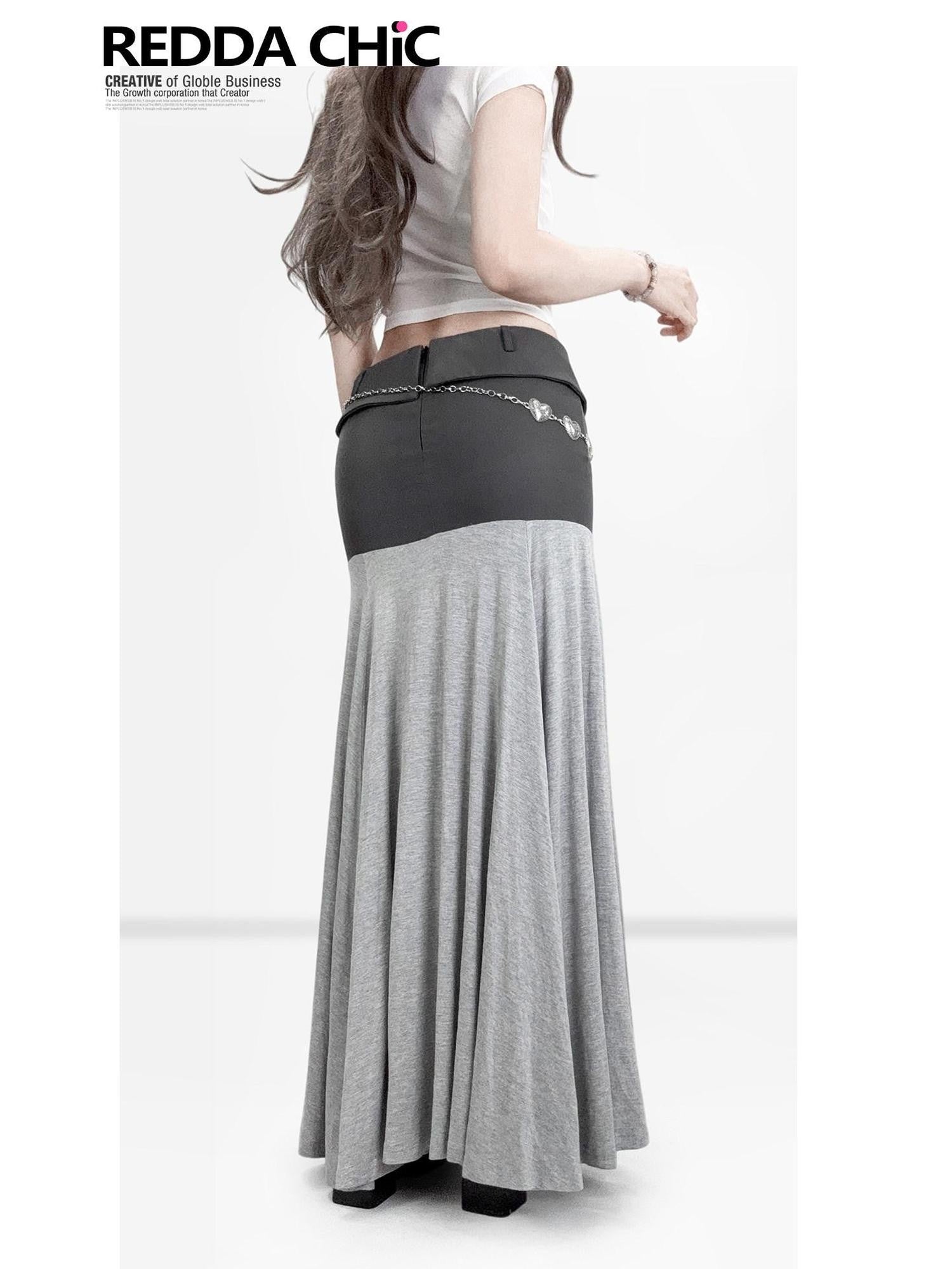 REDDACHIC Grey Patchwork A Line Low Waist Loose Drape Women'S Other Material Maxi Skirts
