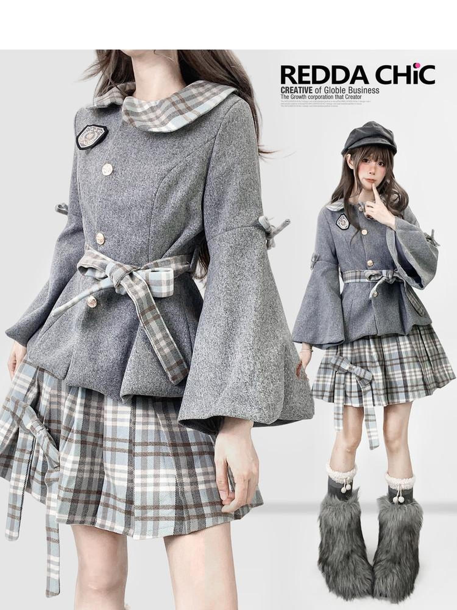 REDDACHIC Grey Plaid Pleated Schoolgirl Women'S Woolen High Waist Mini Skirts