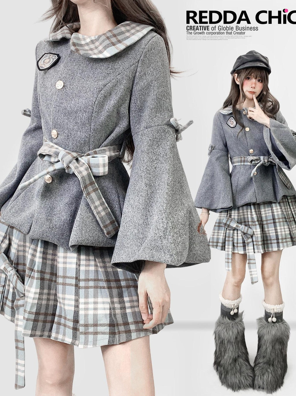 REDDACHIC Grey Plaid Pleated Schoolgirl Women'S Woolen High Waist Mini Skirts
