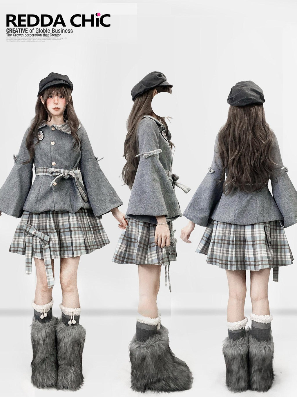 REDDACHIC Grey Plaid Pleated Schoolgirl Women'S Woolen High Waist Mini Skirts