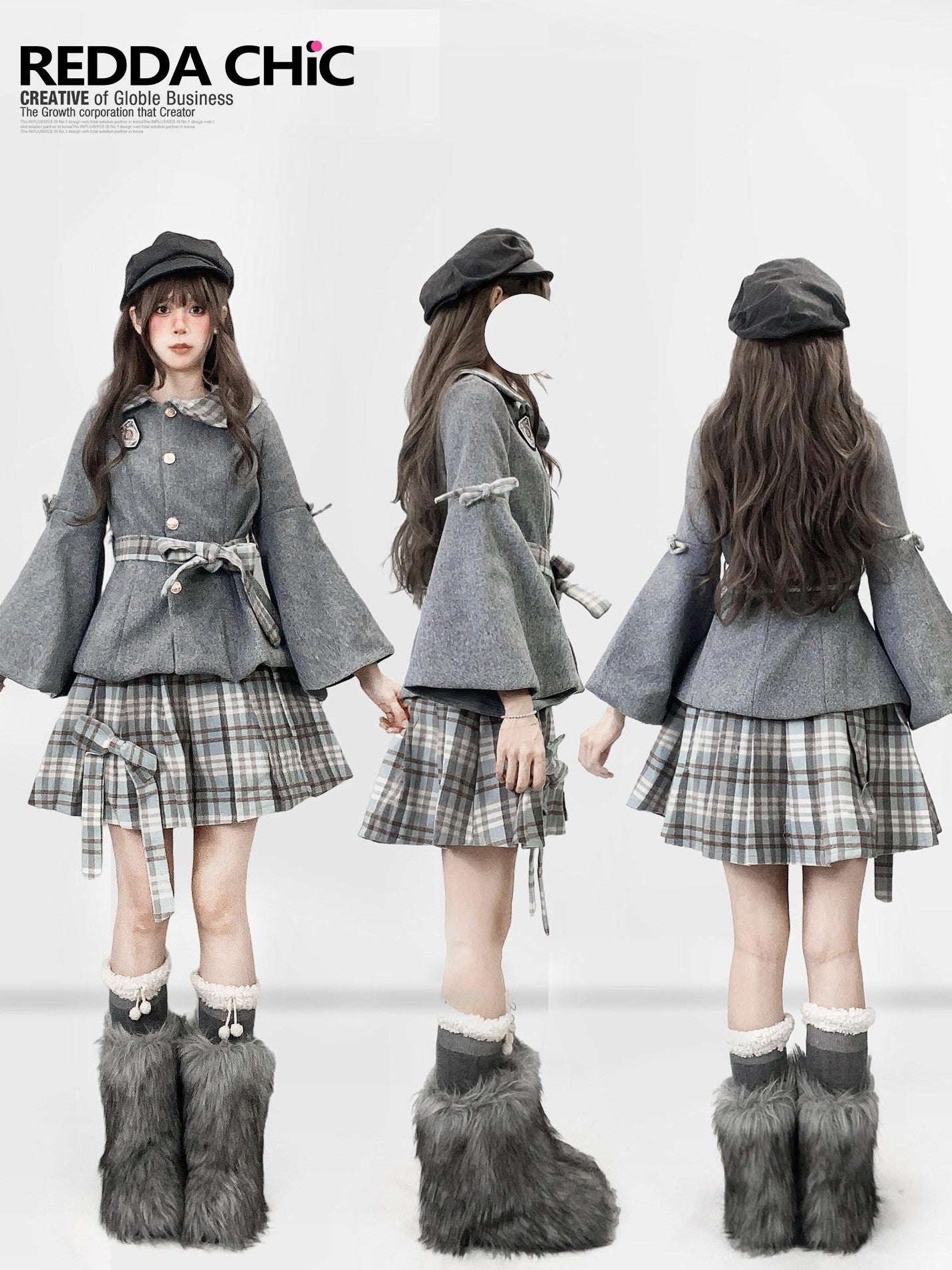 REDDACHIC Grey Plaid Pleated Schoolgirl Women'S Woolen High Waist Mini Skirts