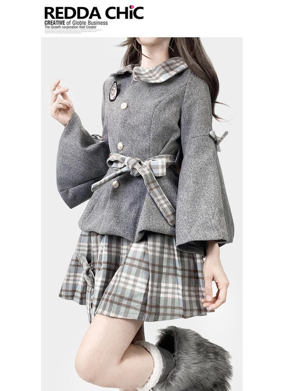 REDDACHIC Grey Plaid Pleated Schoolgirl Women'S Woolen High Waist Mini Skirts