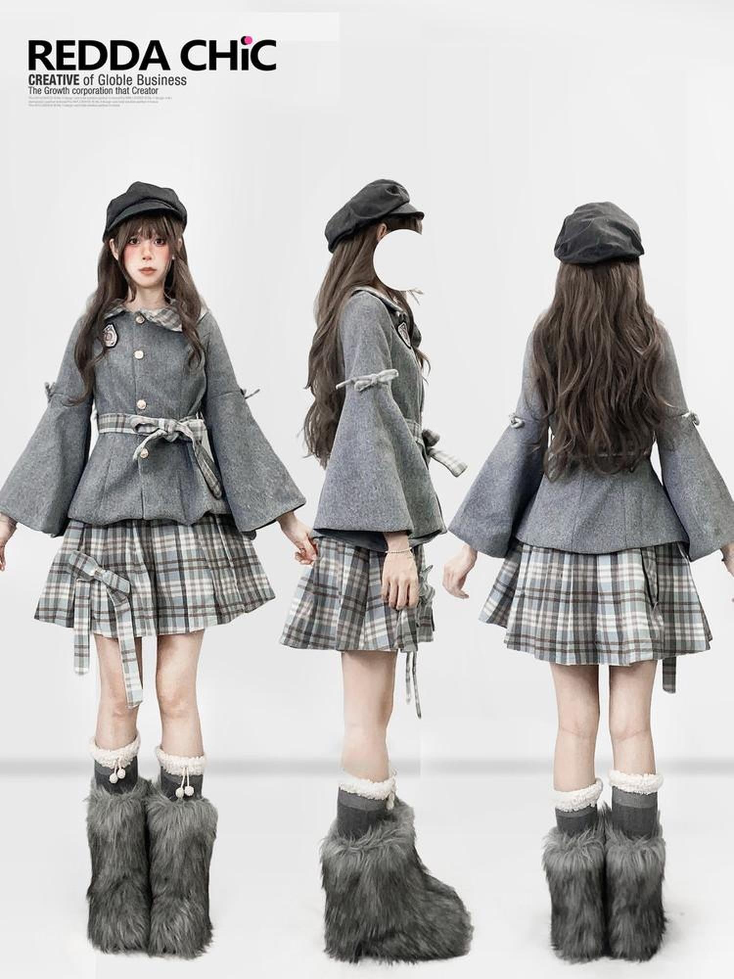 REDDACHIC Grey Plaid Pleated Schoolgirl Women'S Woolen High Waist Mini Skirts