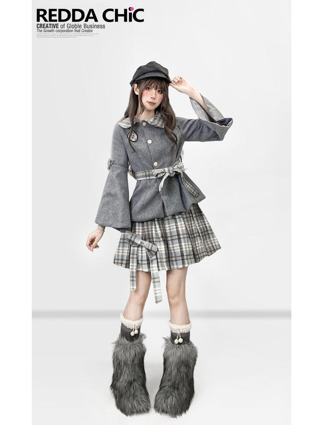 REDDACHIC Grey Plaid Pleated Schoolgirl Women'S Woolen High Waist Mini Skirts