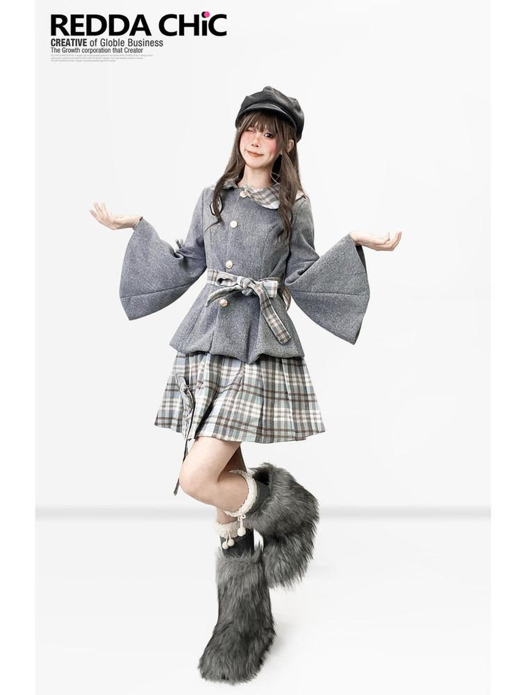 REDDACHIC Grey Plaid Pleated Schoolgirl Women'S Woolen High Waist Mini Skirts