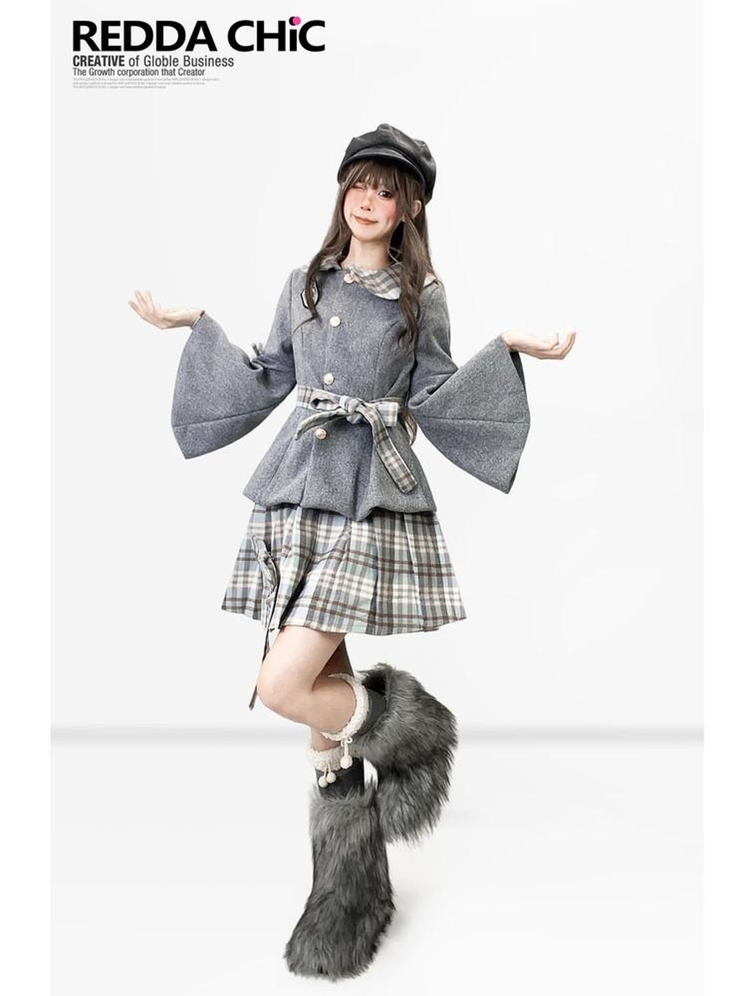 REDDACHIC Grey Plaid Pleated Schoolgirl Women'S Woolen High Waist Mini Skirts