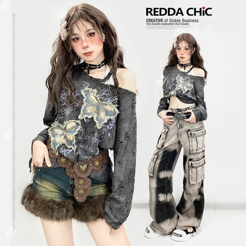 REDDACHIC_Grey_Ripped_Butterfly_Embroidery_Slanted_Shoulder_Women'S_Long_Sleeve_T-Shirts_MISSTT