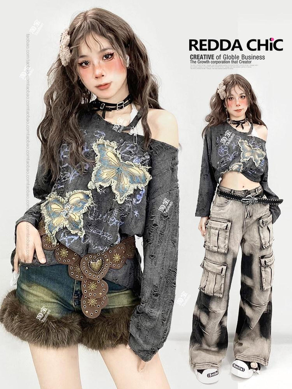 REDDACHIC Grey Ripped Butterfly Embroidery Slanted Shoulder Women'S Long Sleeve T-Shirts