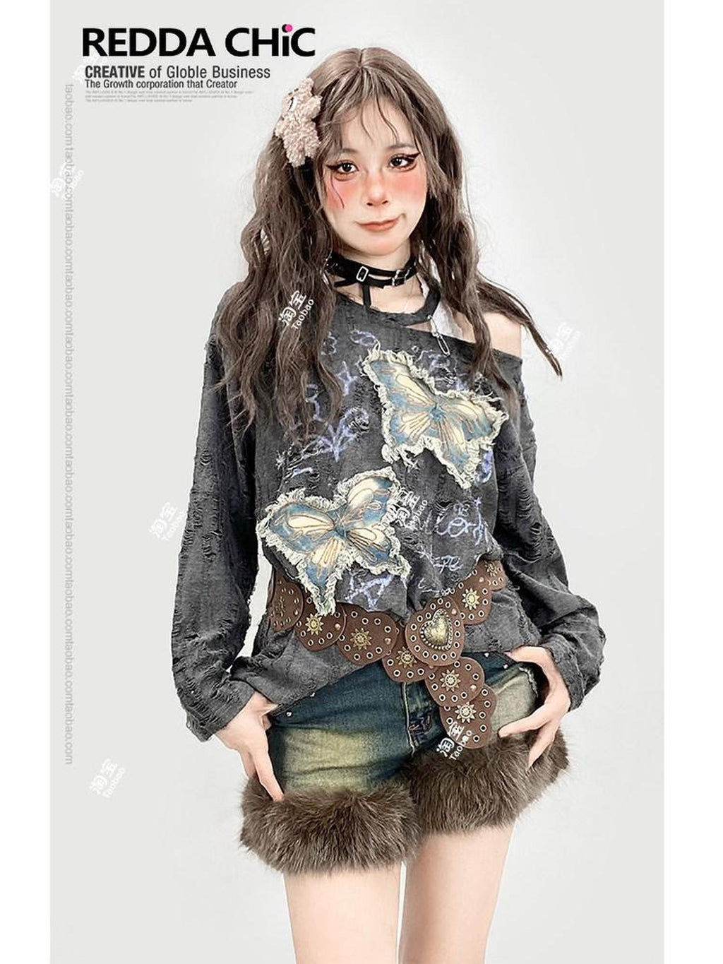 REDDACHIC Grey Ripped Butterfly Embroidery Slanted Shoulder Women'S Long Sleeve T-Shirts