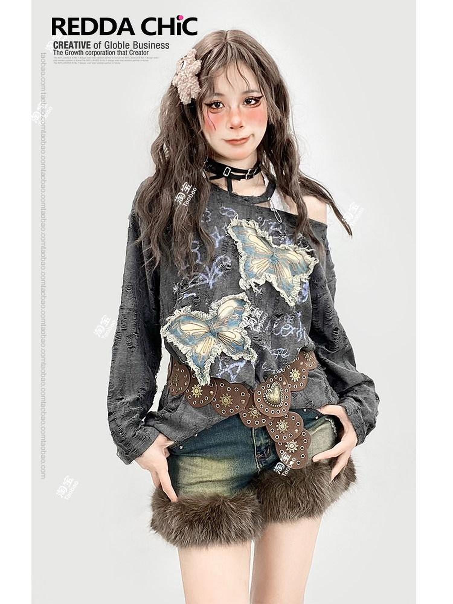 REDDACHIC Grey Ripped Butterfly Embroidery Slanted Shoulder Women'S Long Sleeve T-Shirts