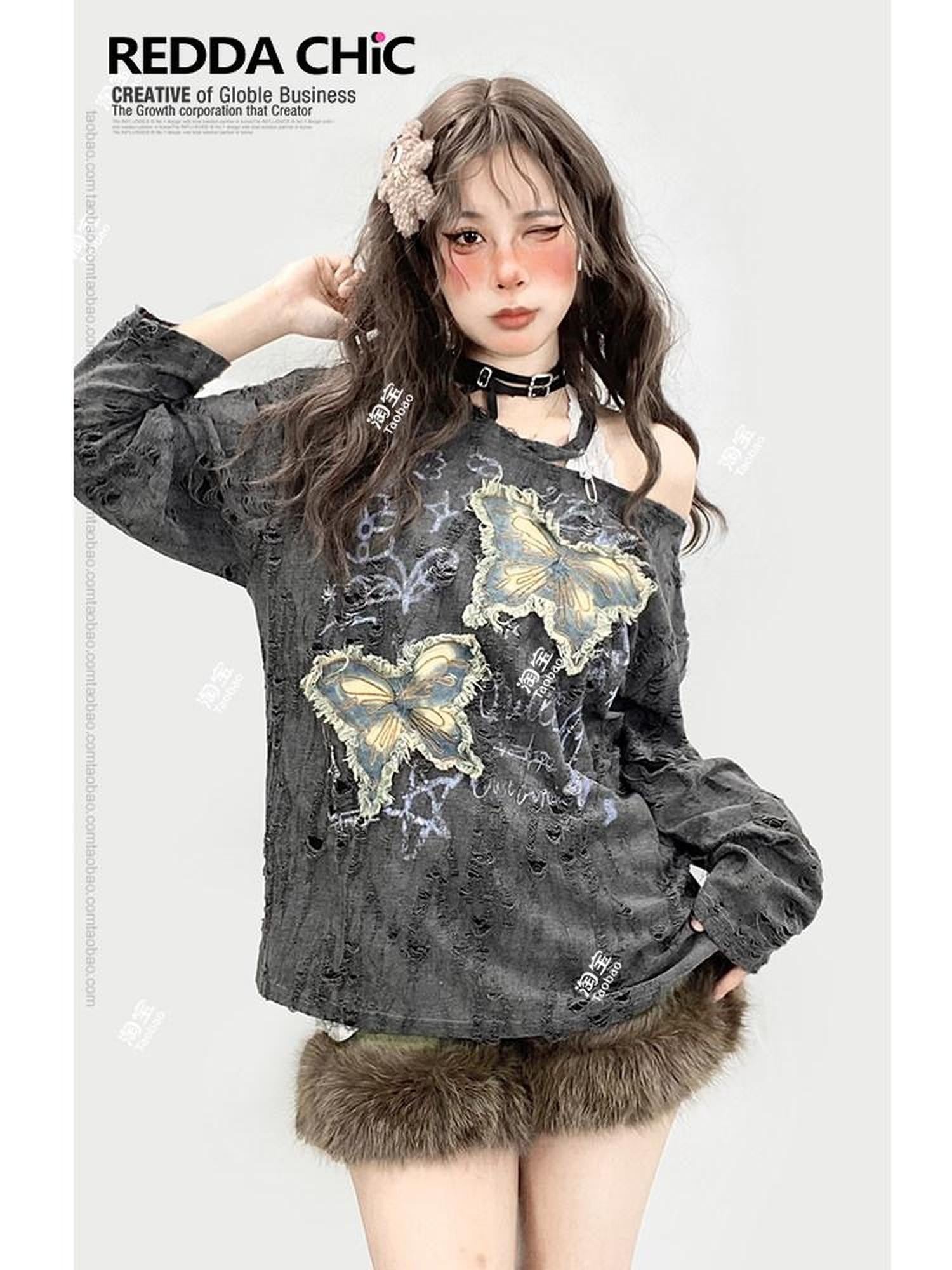 REDDACHIC Grey Ripped Butterfly Embroidery Slanted Shoulder Women'S Long Sleeve T-Shirts