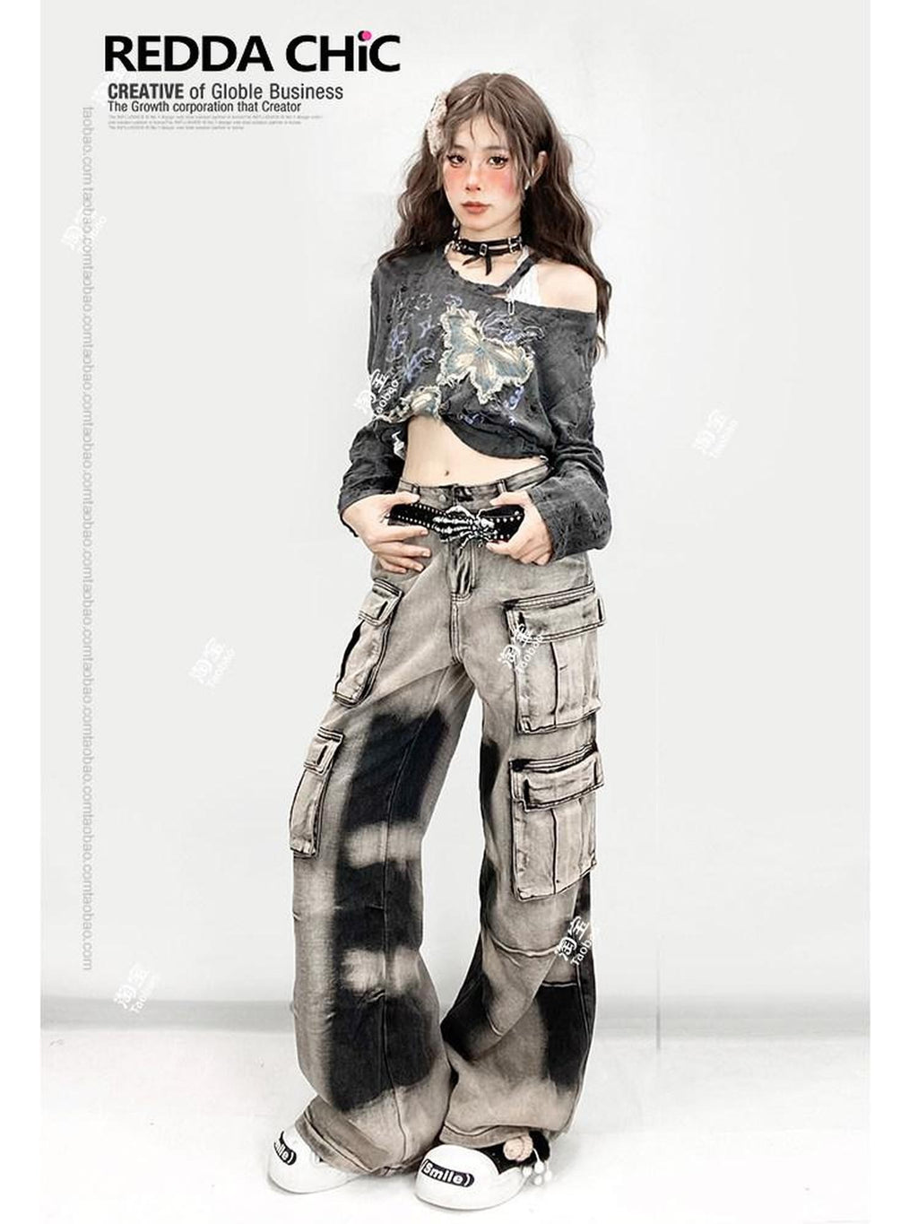 REDDACHIC Grey Ripped Butterfly Embroidery Slanted Shoulder Women'S Long Sleeve T-Shirts