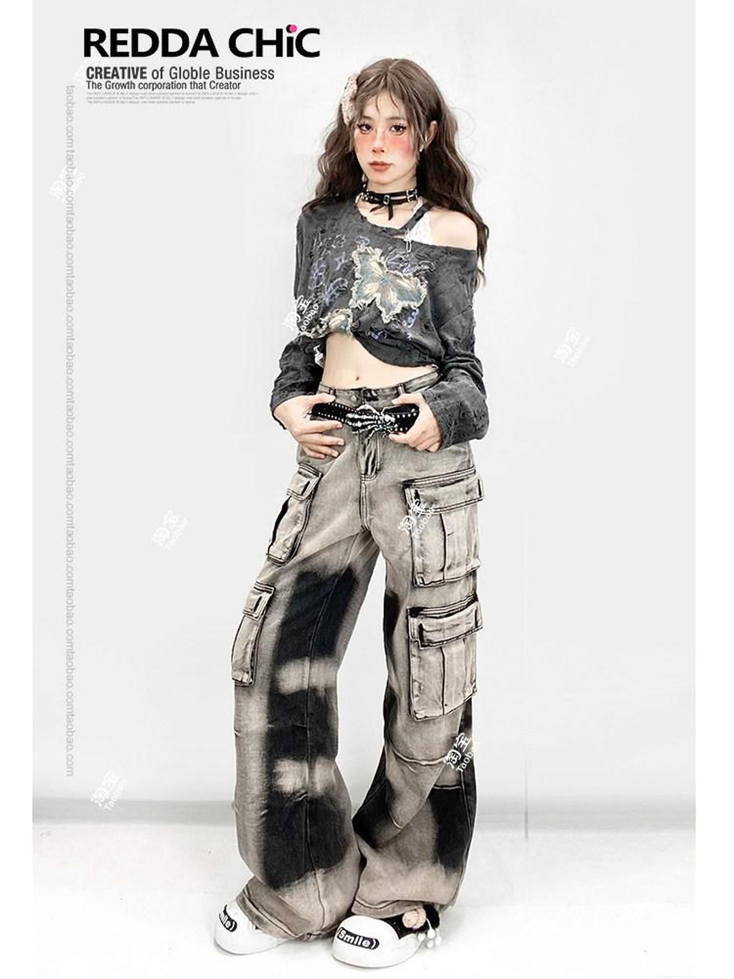REDDACHIC Grey Ripped Butterfly Embroidery Slanted Shoulder Women'S Long Sleeve T-Shirts