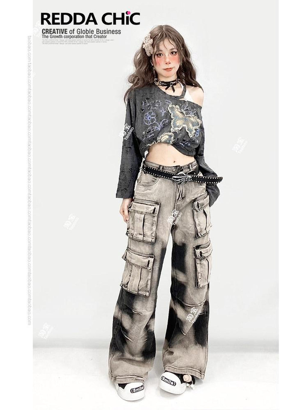 REDDACHIC Grey Ripped Butterfly Embroidery Slanted Shoulder Women'S Long Sleeve T-Shirts