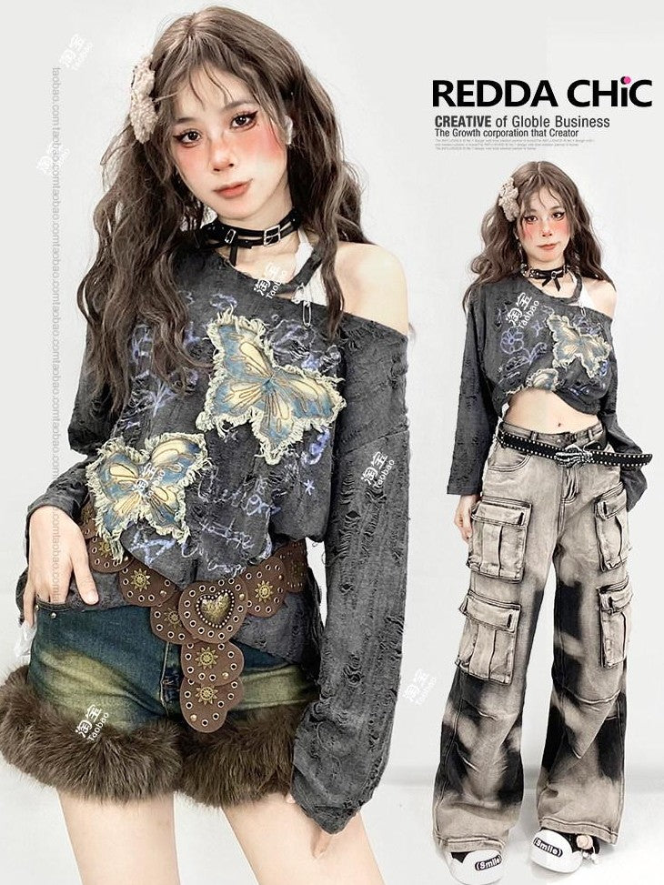 REDDACHIC Grey Ripped Butterfly Embroidery Slanted Shoulder Women'S Long Sleeve T-Shirts